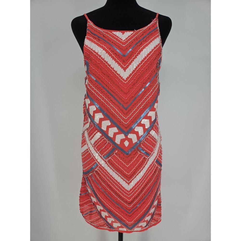 Meghan LA Sequined Shift Dress Medium Coral Beaded‎ Sleeveless